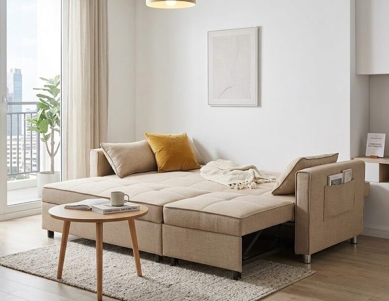 LG 5023 Condo Size Fabric Sectional Sofa Bed with Reversible Chaise in Beige Fabric