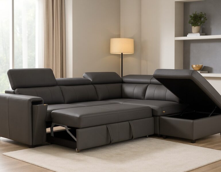 LA 5005 Genuine Top Grain Leather Sectional Sofa Bed with Storage Ottoman and Adjustable Headrests in Dark Grey Leather