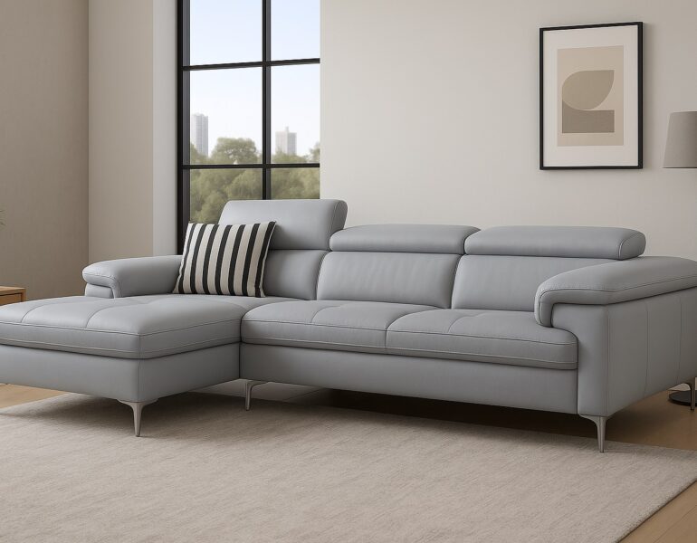 LM 5019 Grey Genuine Leather Sectional Sofa with Left-Facing Chaise and Adjustable Headrests