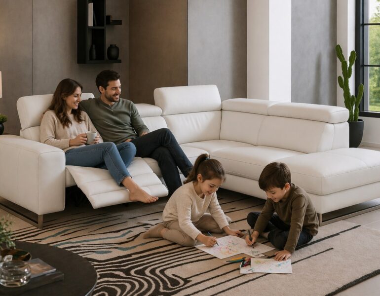 LH 5860 top grain leather reclining sectional sofa in white