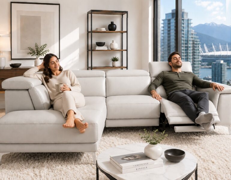 LA 5870 grey genuine top grain leather reclining sectional sofa with chaise, adjustable headrests, USB charging port and power recliner