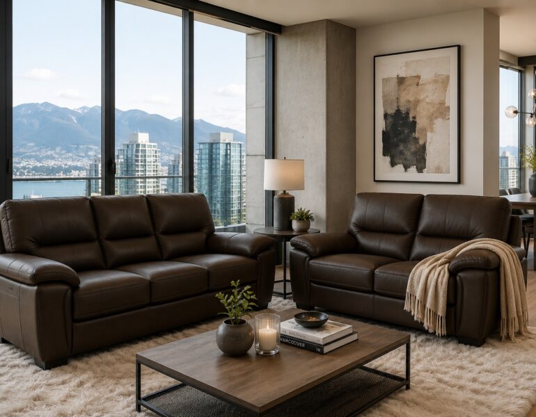 LA 5850 top grain leather sofa and loveseat set in brown with premium leather upholstery and comfortable padded armrests.