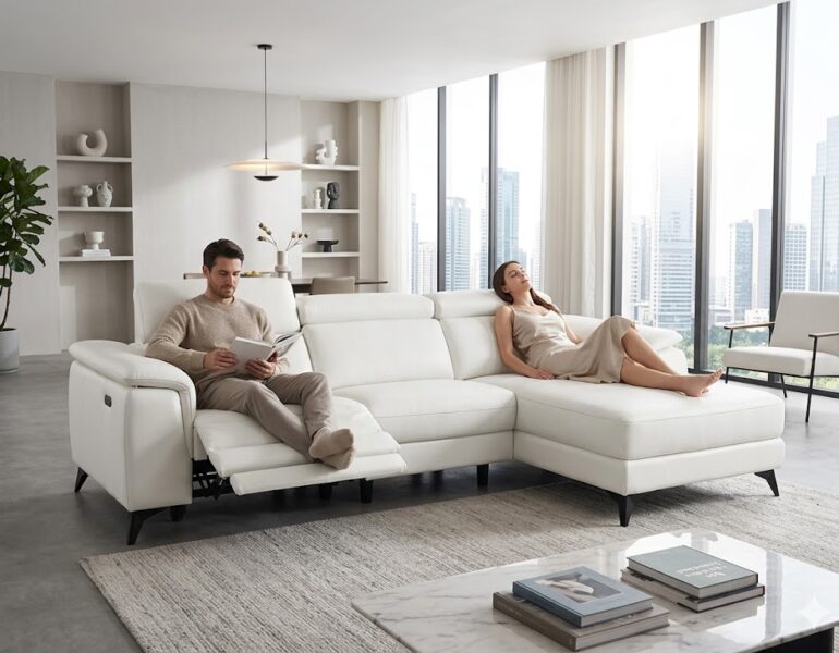 LH 5871-B white top grain leather reclining sectional sofa with left chaise, adjustable headrests and power recliner